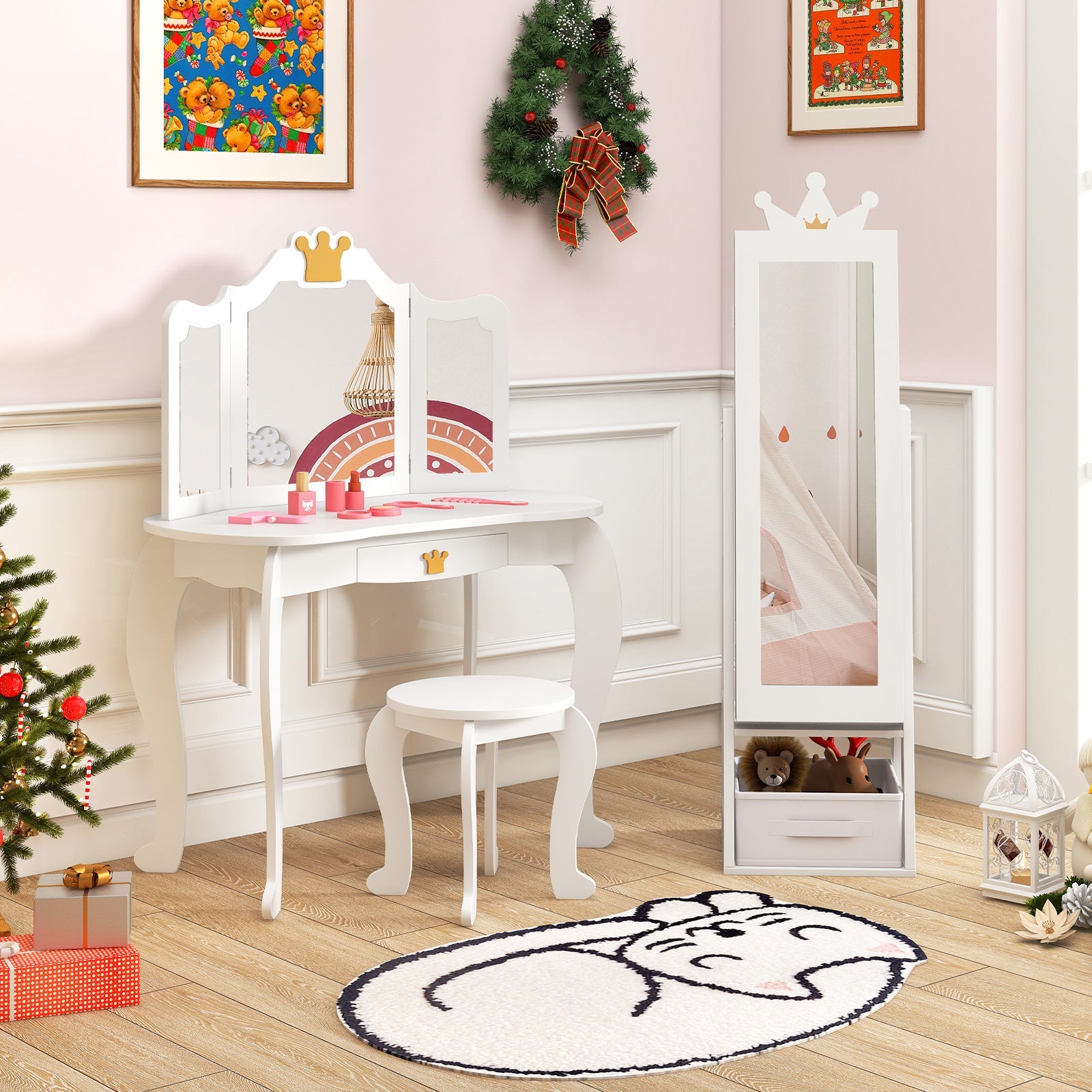 Free-Standing Full Length Kids Jewelry Armoire Cabinet with Storage Capacity-White