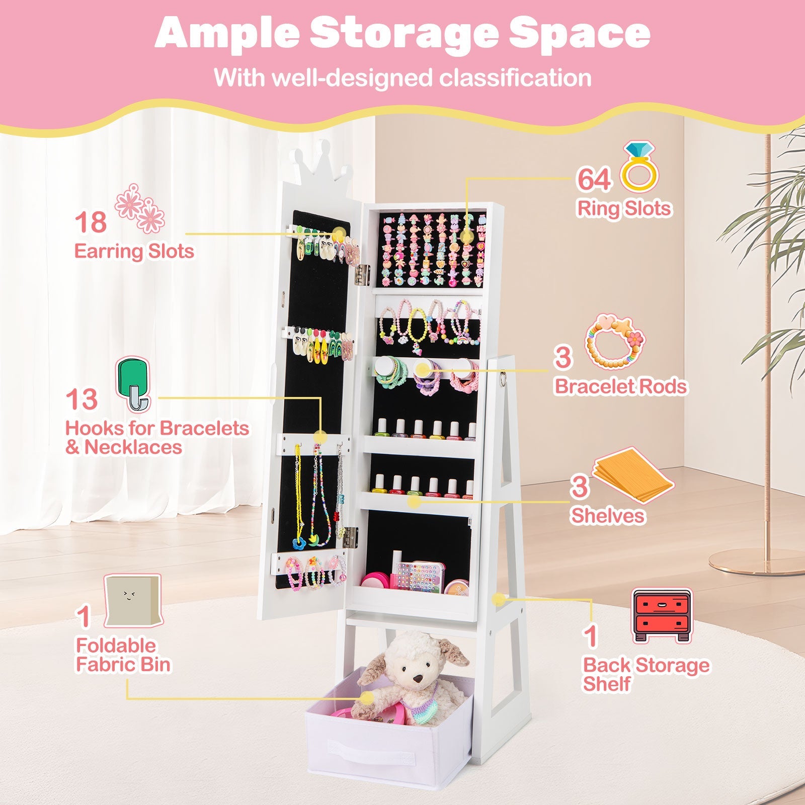 Free-Standing Full Length Kids Jewelry Armoire Cabinet with Storage Capacity-White