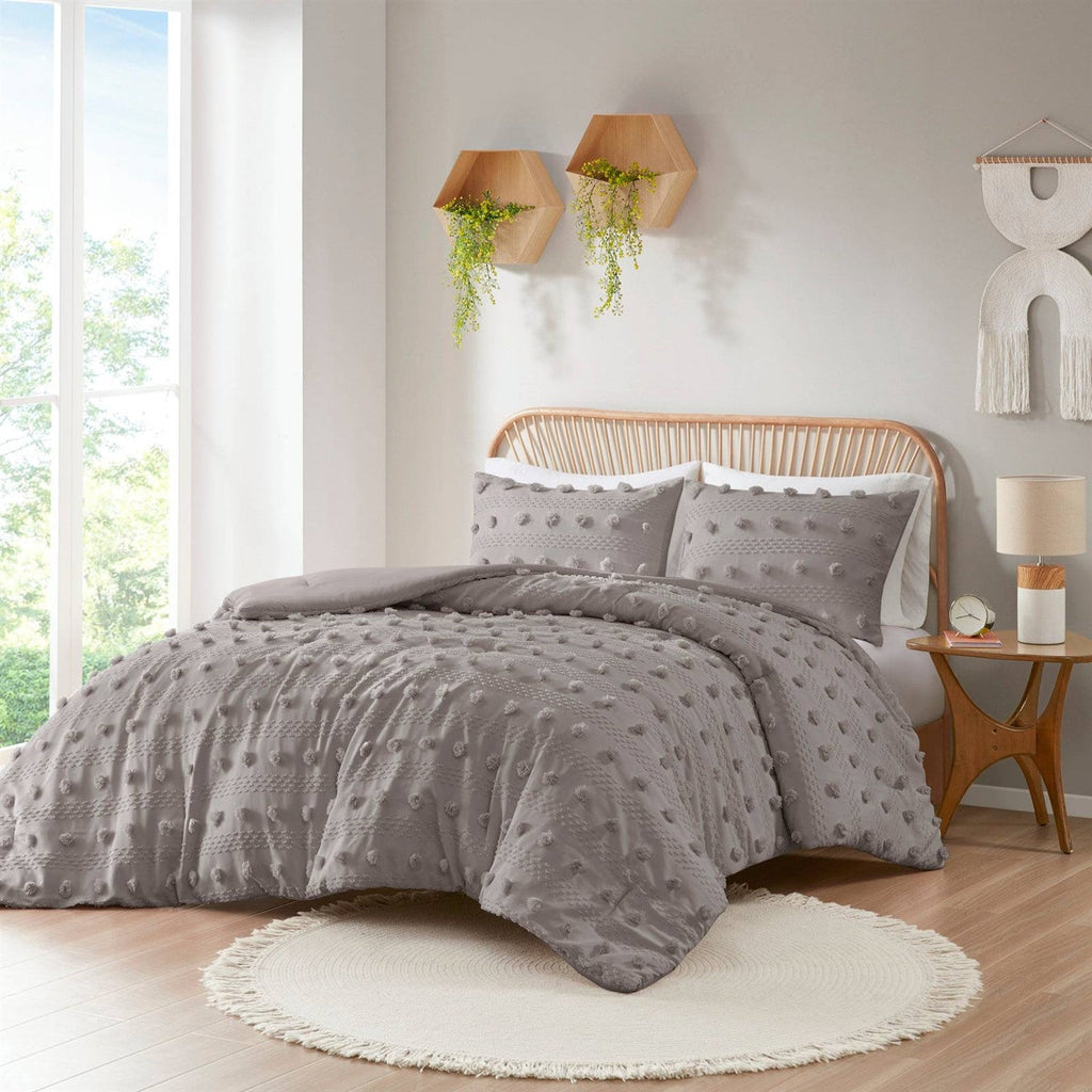 King/Cal King 3-Piece Grey Microfiber Comforter Set with Decorative Pompoms