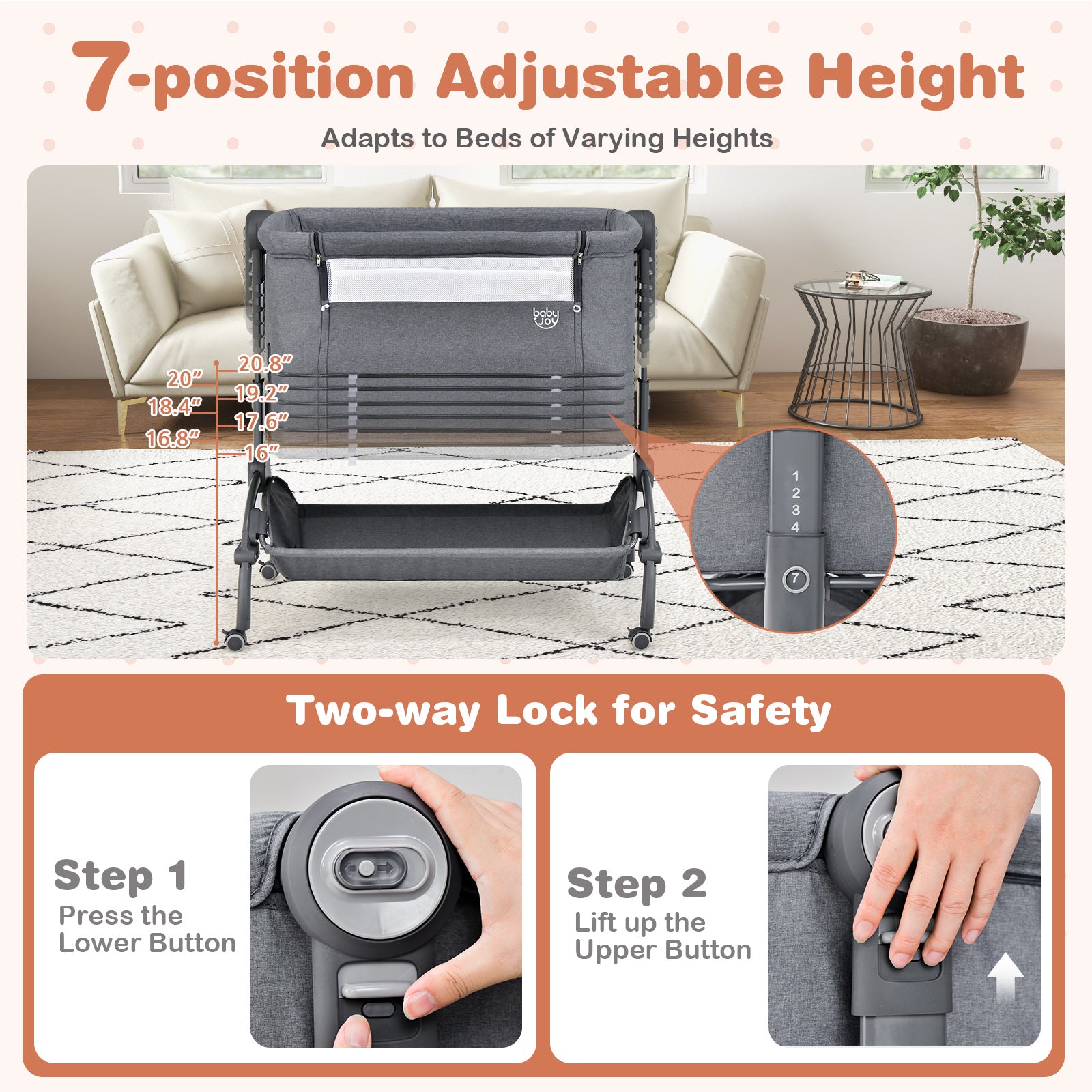 3-in-1 Baby Bassinet with Double-Lock Design and Adjustable Heights-Gray