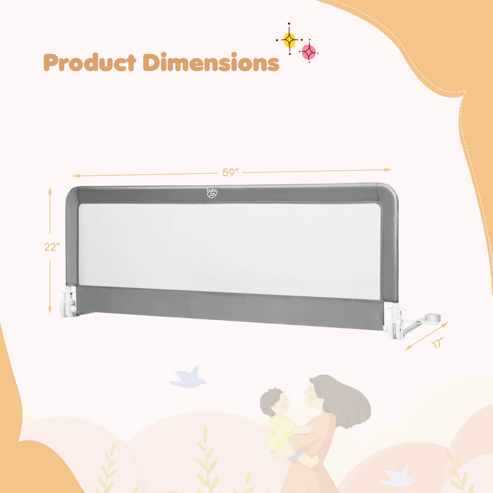 59 Inch Folding Breathable Baby Bed Rail Guard with Safety Strap-Gray