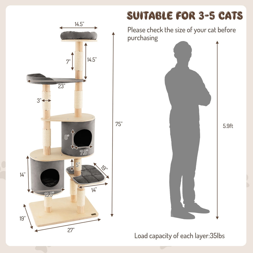 6-Tier Wooden Cat Tree with 2 Removeable Condos Platforms and Perch-Gray