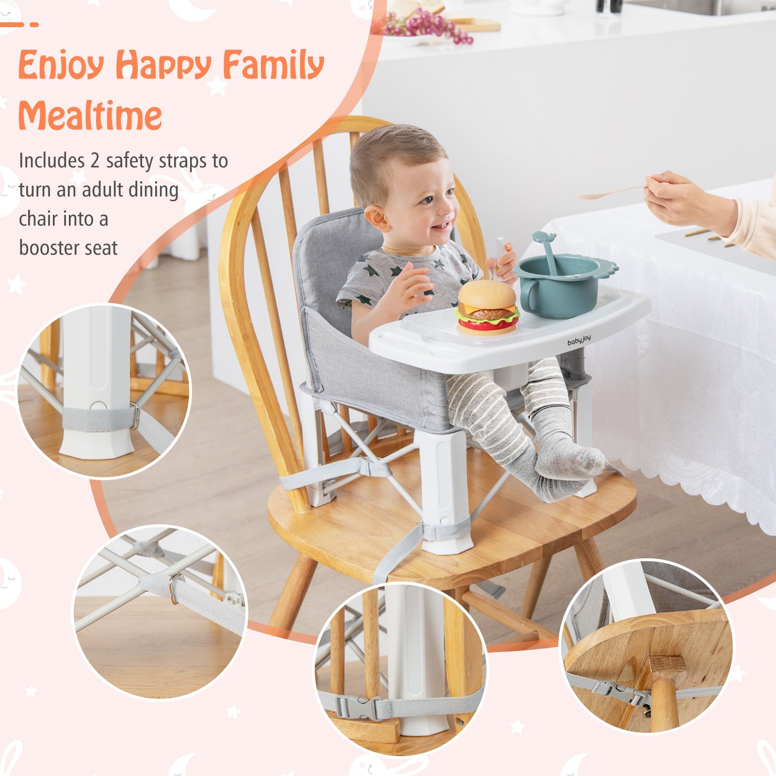 Portable Baby Booster Seat with Straps and Double Tray-Gray