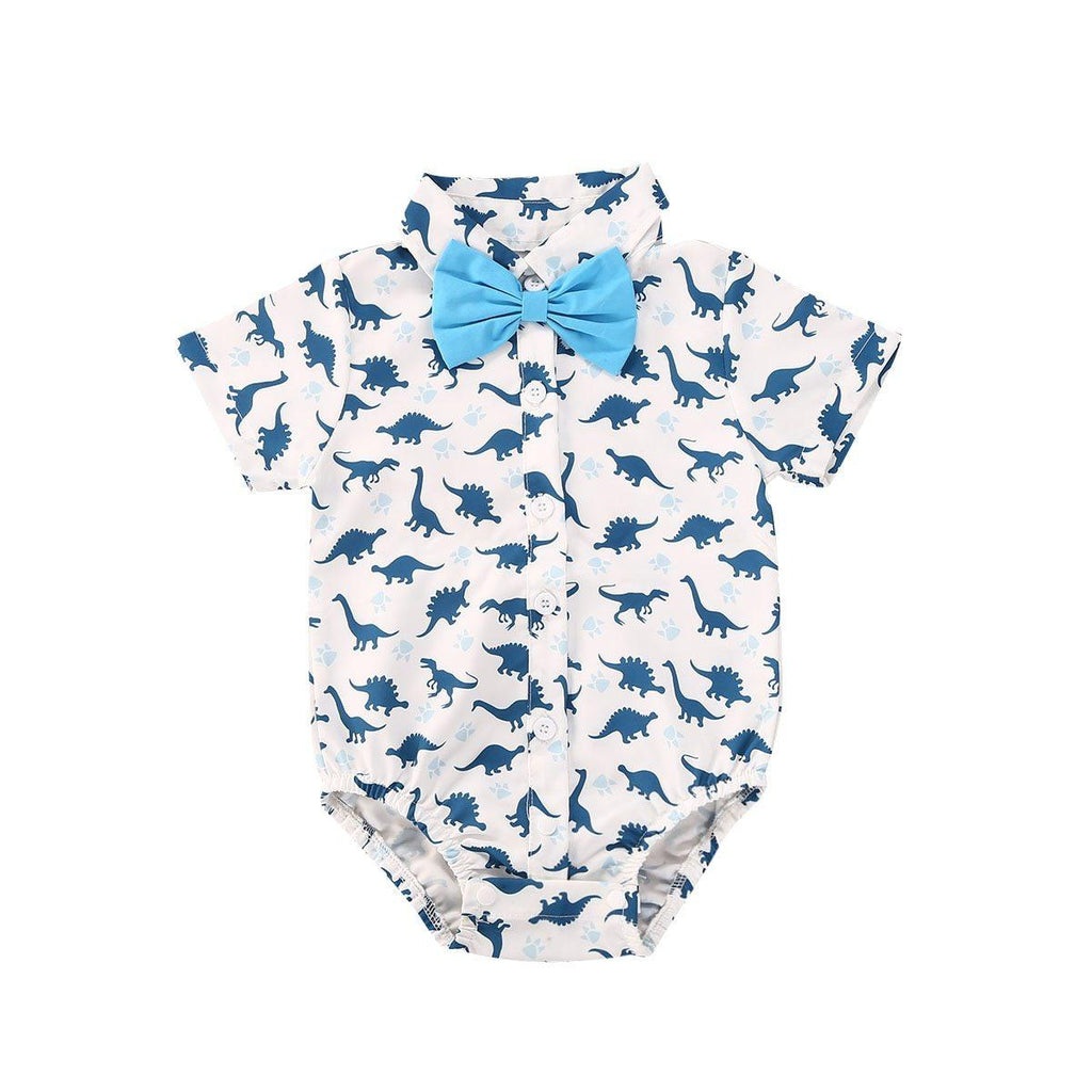 Newborn Boys Bodysuits Bow Short Sleeve Print Single Breasted Jumpsuits Shirt For Baby With Elegant Bow