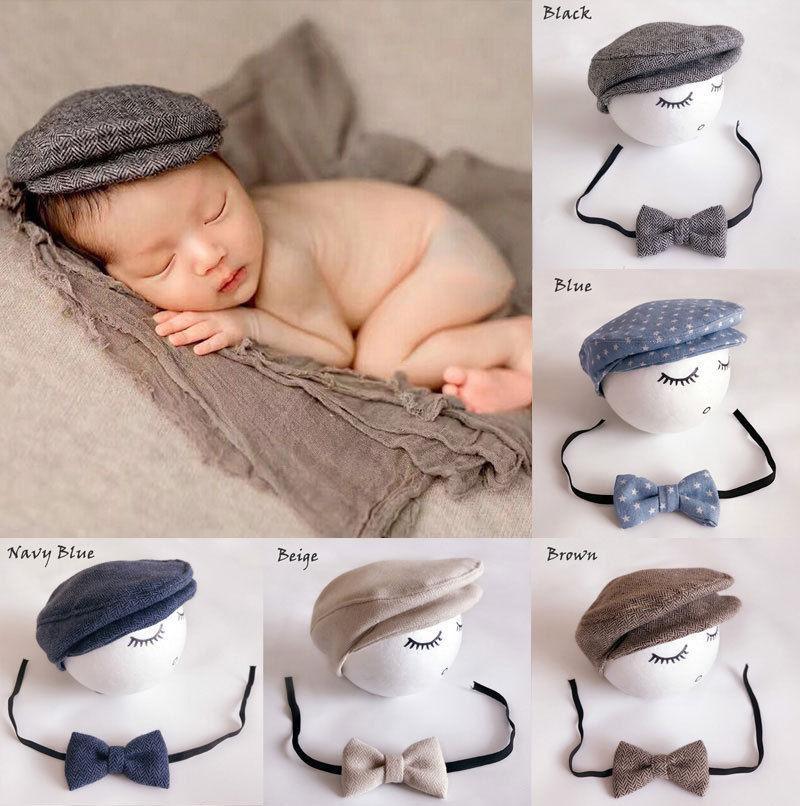 Modern Set Baby Newborn Peaked Beanie Cap Hat Bow Tie Photo Photography Prop Infant Boy Caps In elegant Modern Design