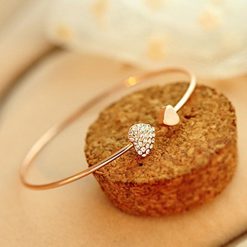 New Fashion Adjustable Stainless Steel Crystal Double Heart Bow Cuff Opening Bracelet For Women Jewelry Gift