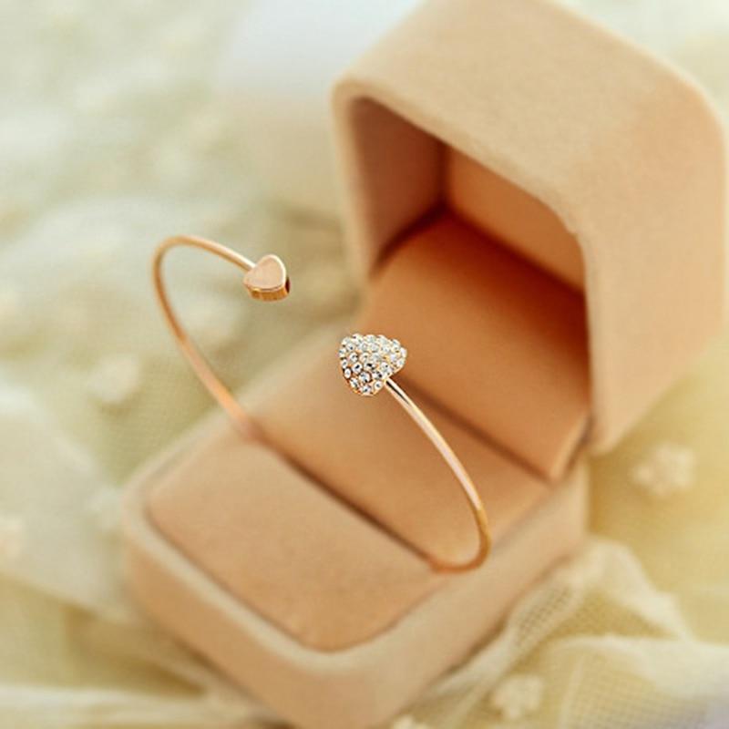 New Fashion Adjustable Stainless Steel Crystal Double Heart Bow Cuff Opening Bracelet For Women Jewelry Gift