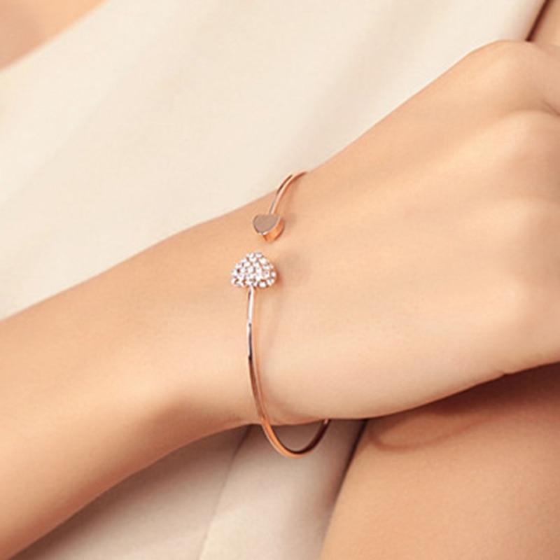 New Fashion Adjustable Stainless Steel Crystal Double Heart Bow Cuff Opening Bracelet For Women Jewelry Gift