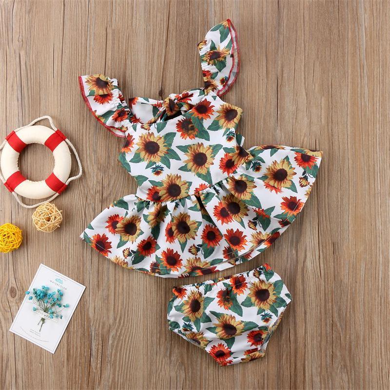 Newborn Baby Girls Outfits with Sunflower Top Dress Bottoms Bow Back Dress For Baby Girls