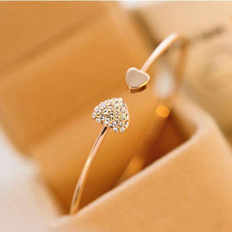 New Fashion Adjustable Stainless Steel Crystal Double Heart Bow Cuff Opening Bracelet For Women Jewelry Gift