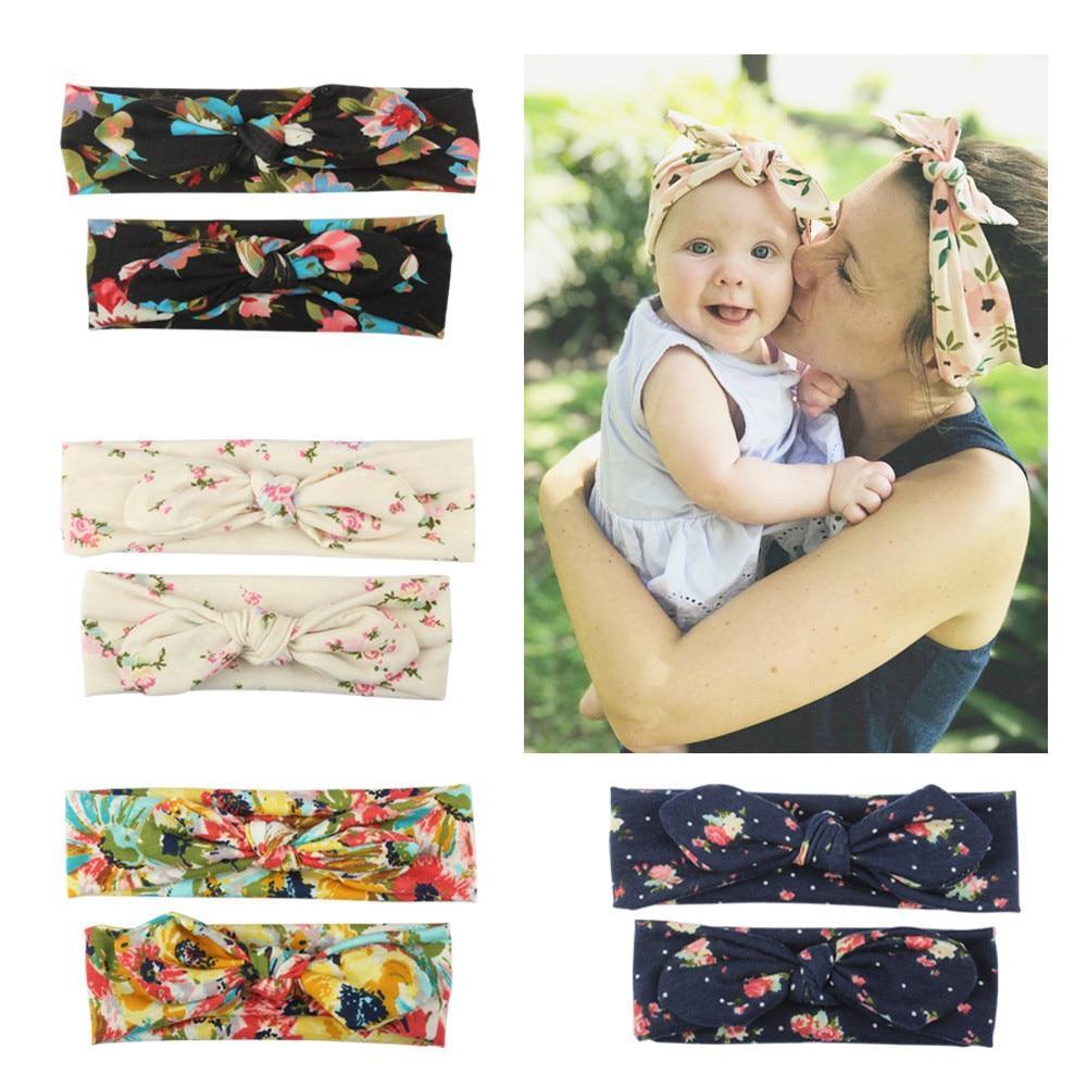 Modern Handmade Mother Baby Turban Matching Headband Mom Daughter Rabbit Ears Headbands Floral Print Bow