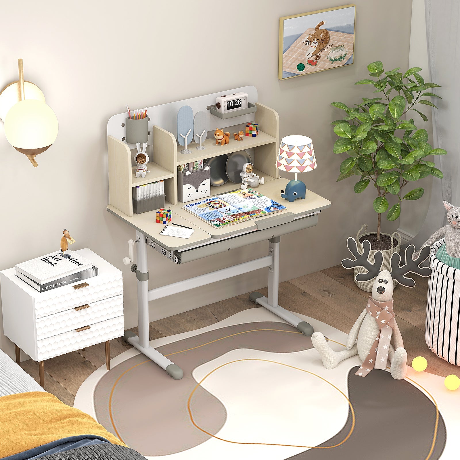 Height Adjustable Kids Study Desk with Tilt Desktop for 3-12 Years Old-Gray