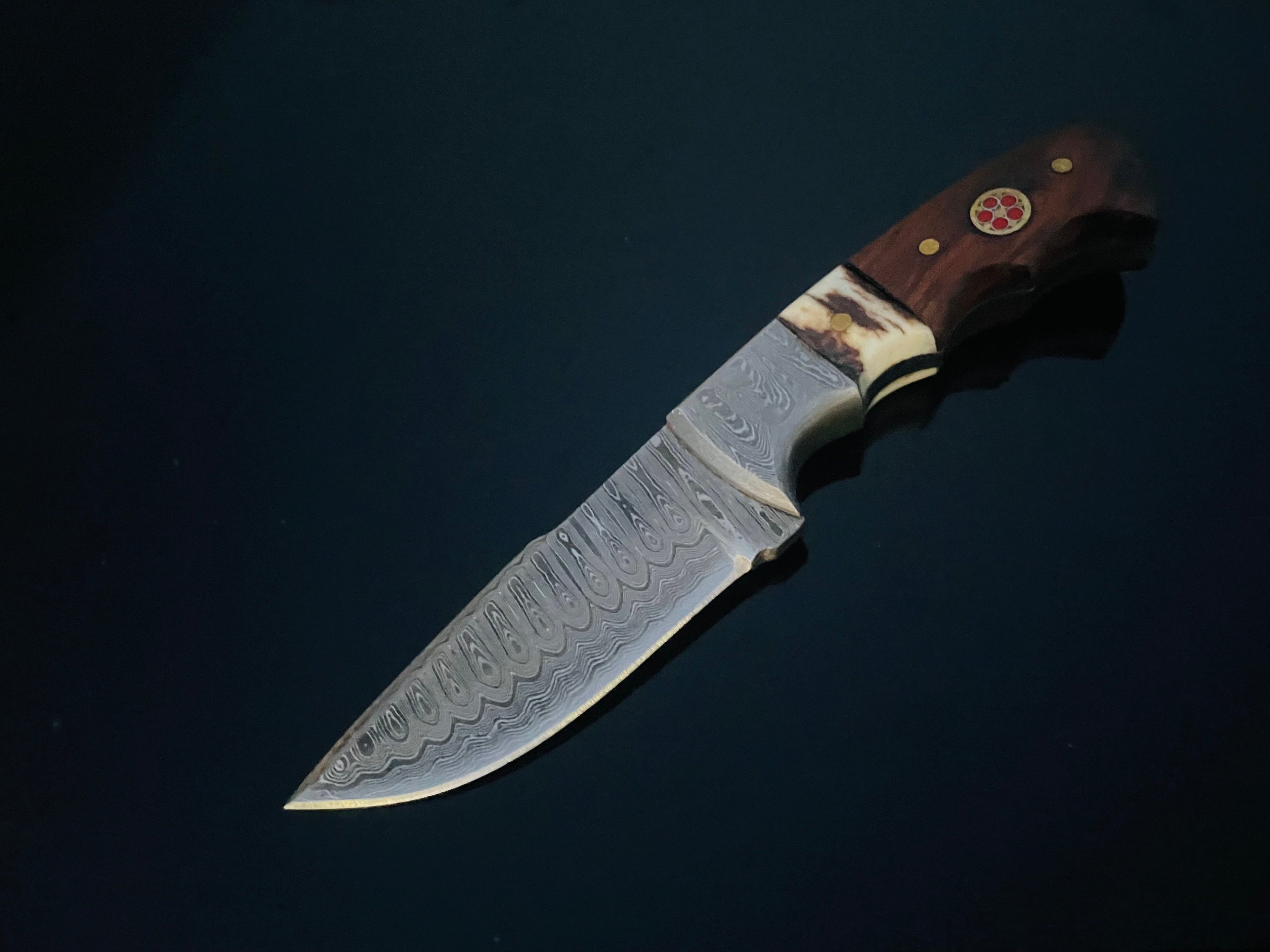 DAMASCUS STEEL FIXED BLADE KNIFE WITH WALNUT & STAG HORN HANDLE HUNTING KNIFE MINI TD-159X