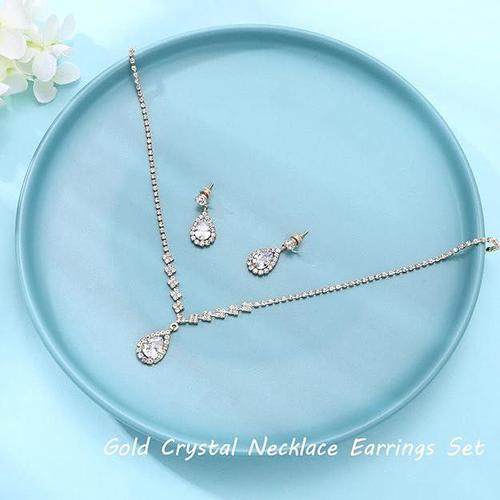 Unicra Bride Crystal Necklace Earrings Set Bridal Wedding Jewelry Sets Rhinestone