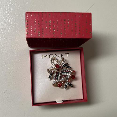 Monet Women's Christmas Bells Pin - Red, Green, Gold Glass Brooch