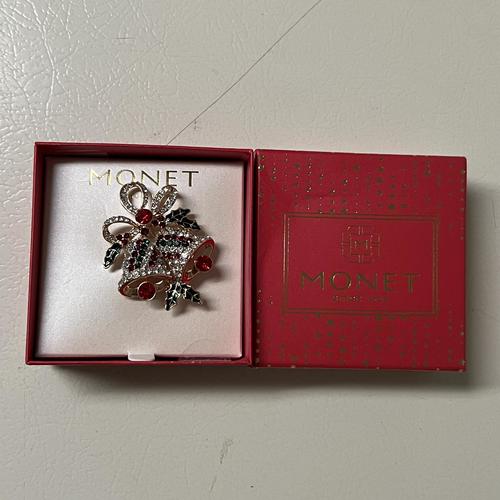 Monet Women's Christmas Bells Pin - Red, Green, Gold Glass Brooch