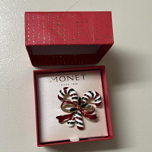 Monet Women's Christmas Candy Cane Pin - Red, Green, White, Gold Glass Brooch