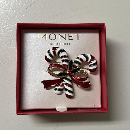 Monet Women's Christmas Candy Cane Pin - Red, Green, White, Gold Glass Brooch
