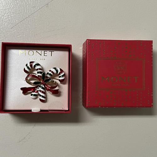 Monet Women's Christmas Candy Cane Pin - Red, Green, White, Gold Glass Brooch