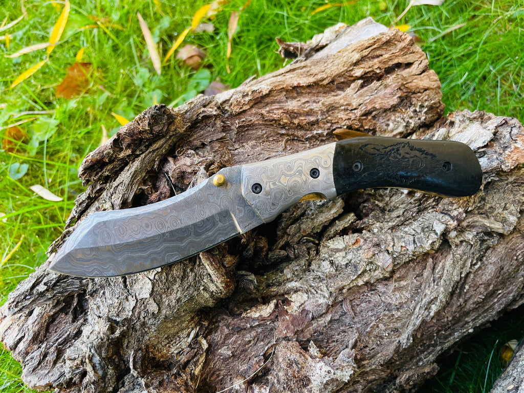 Damascus Steel Folding Knife Wolf Engraved TF-084