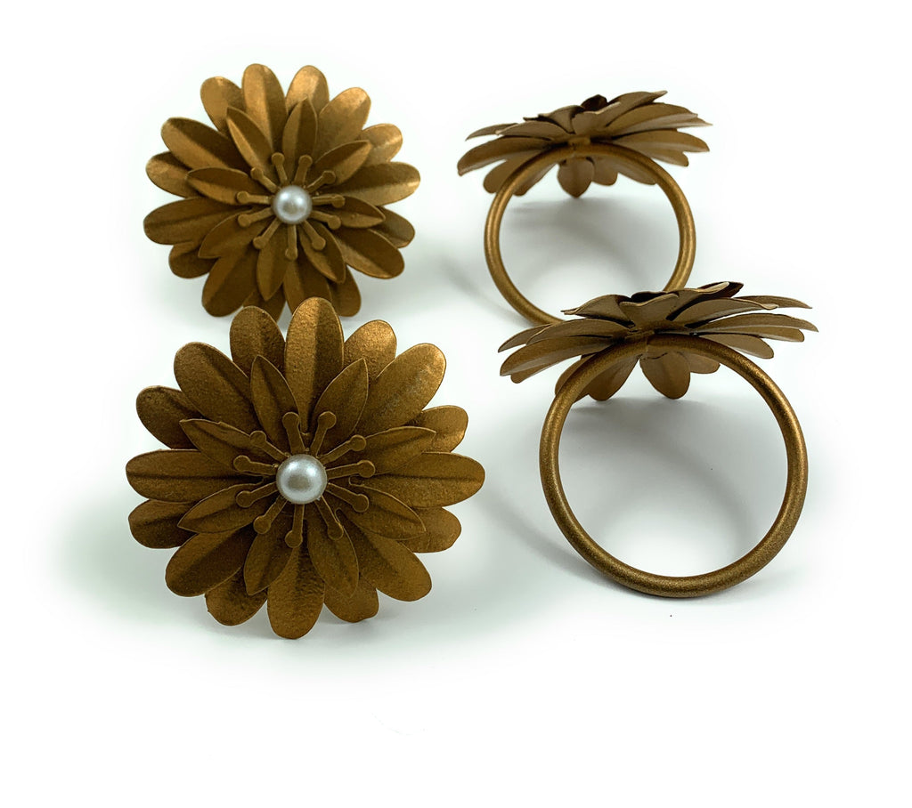 Vibhsa Gold Floral Napkin Rings | Set of 4, Pearl Accents, Handcrafted