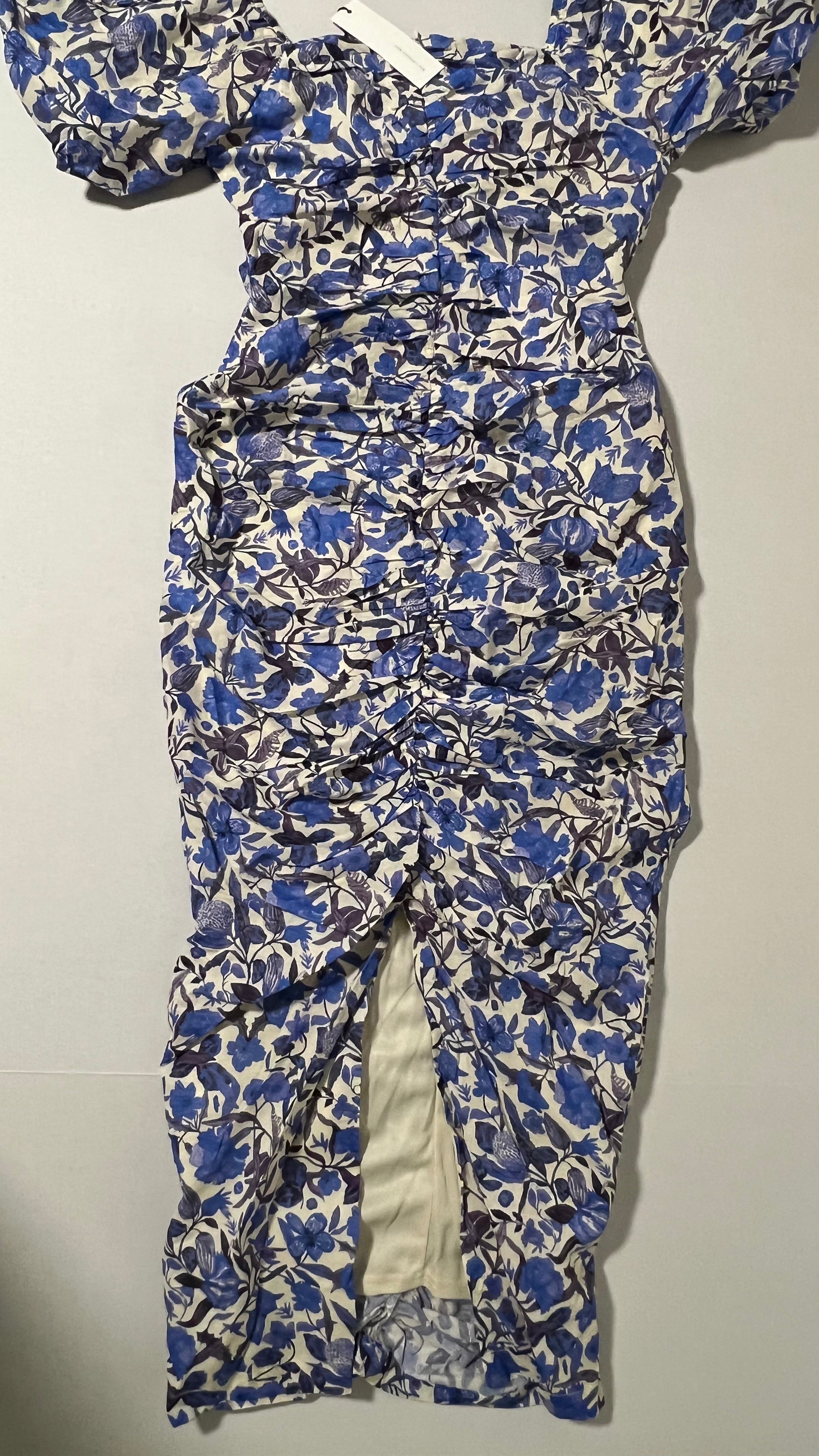 Mable Blue Floral Puff Sleeve Midi Dress Size M