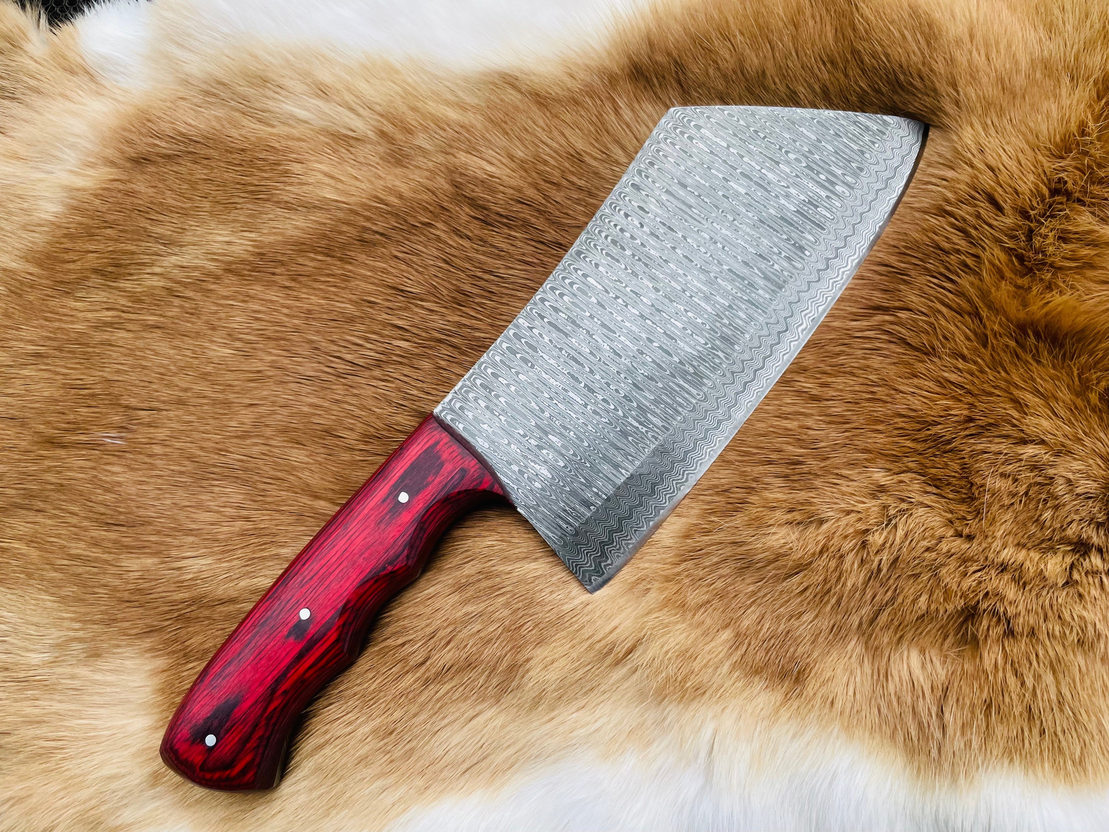 Custom Damascus steel cleaver Red Handle (Cleaver-red)