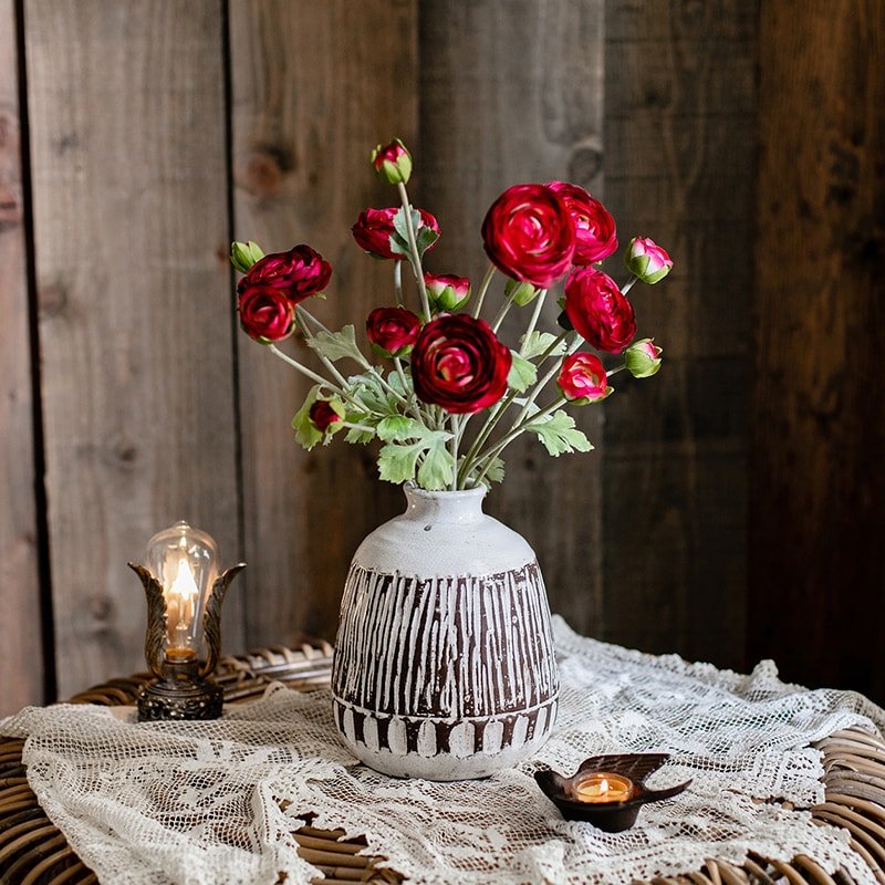 Faux Silk Artificial Buttercup Flower Bundle in Red Burgundy 21" Tall