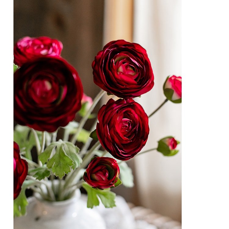 Faux Silk Artificial Buttercup Flower Bundle in Red Burgundy 21" Tall