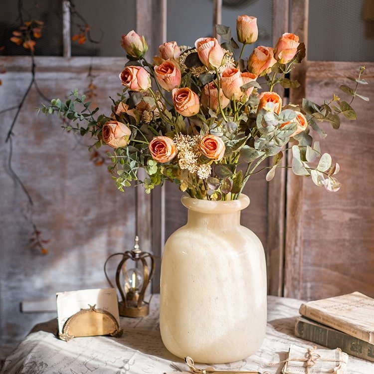 Faux Artificial Flower Dry Rose Stem Champagne or Orange 23" Tall