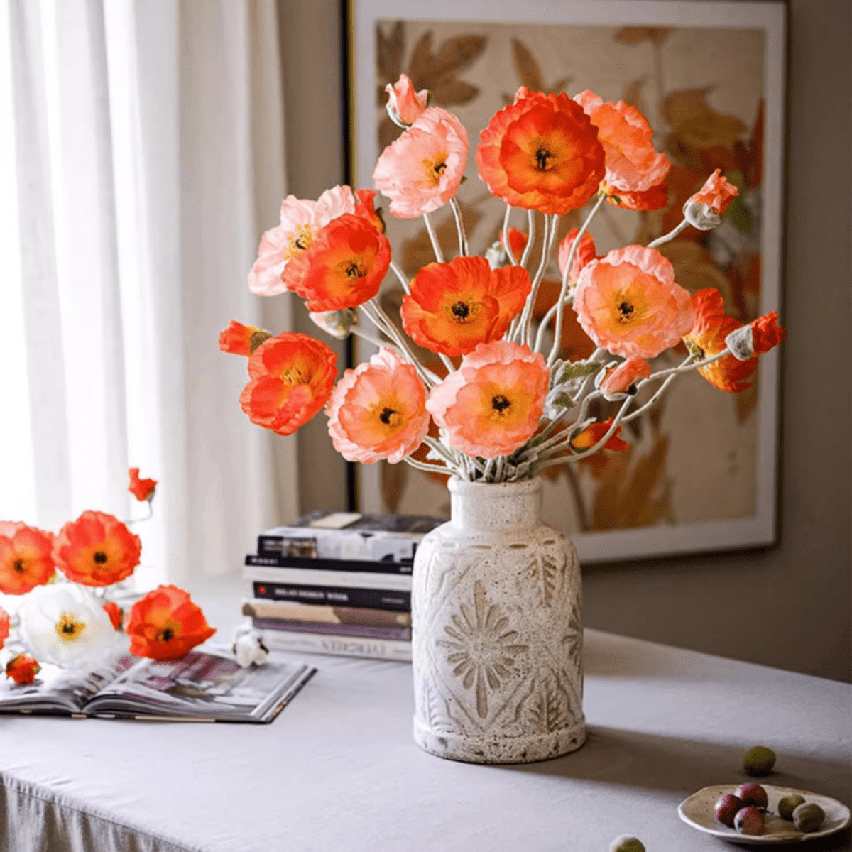 Faux Large Silk Poppy Flower Stem 41" Tall