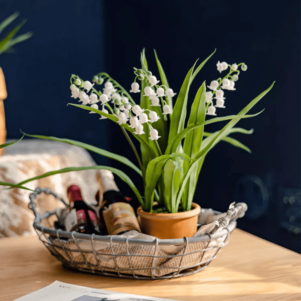 Faux Lily of the Valley in Brown Pot