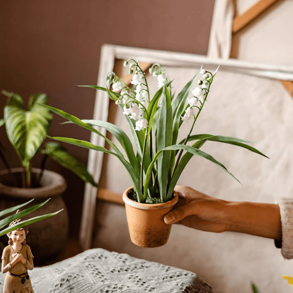Faux Lily of the Valley in Brown Pot