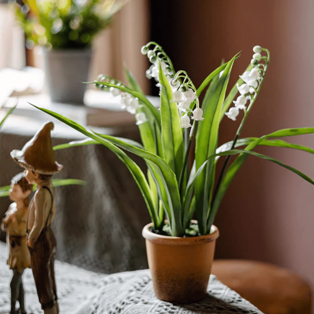 Faux Lily of the Valley in Brown Pot