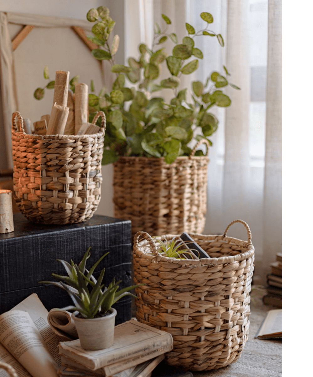 Natural Straw Round Basket with Handles