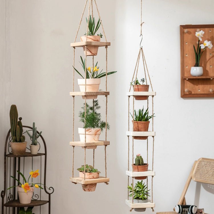 Wooden Rope Hanging Plant Shelf