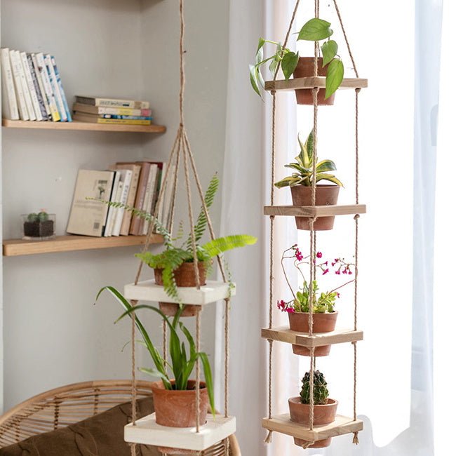 Wooden Rope Hanging Plant Shelf