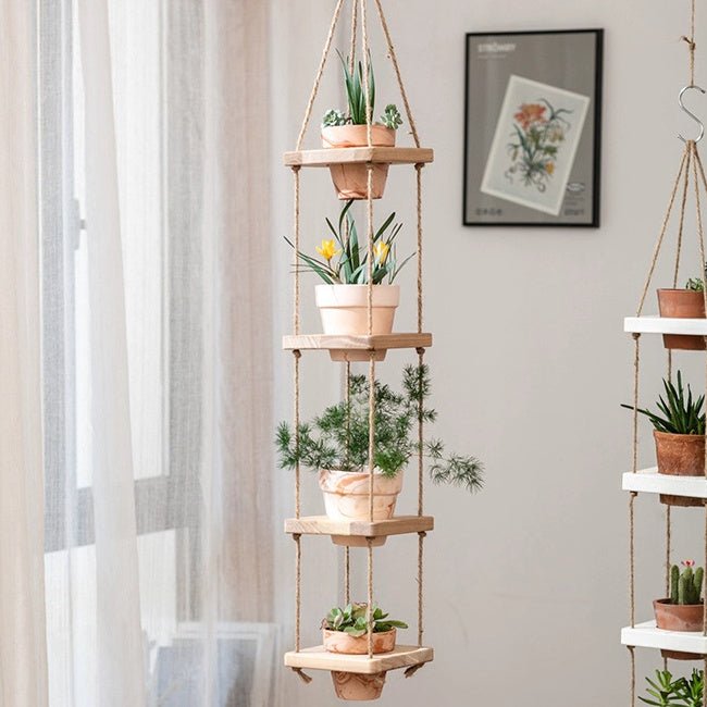 Wooden Rope Hanging Plant Shelf
