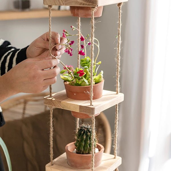 Wooden Rope Hanging Plant Shelf