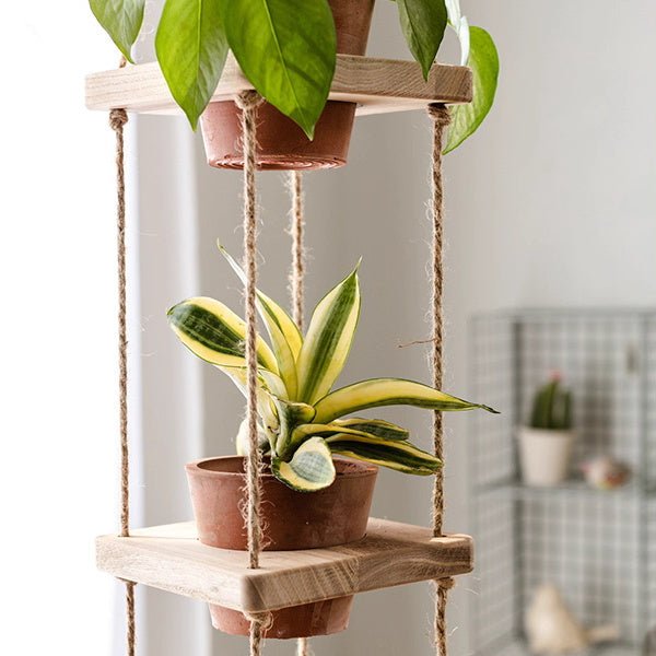 Wooden Rope Hanging Plant Shelf