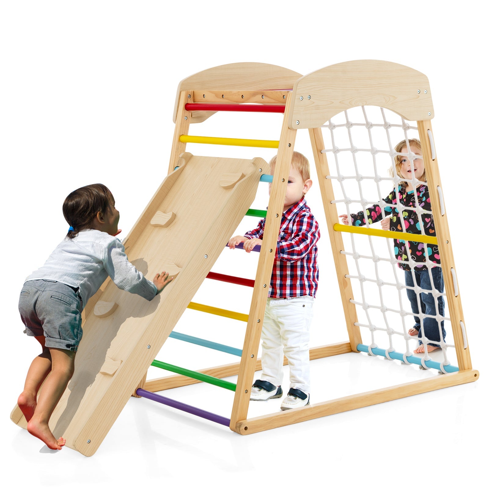 6-in-1 Jungle Gym Wooden Indoor Playground with Double-Sided Ramp and Monkey Bars-Multicolor