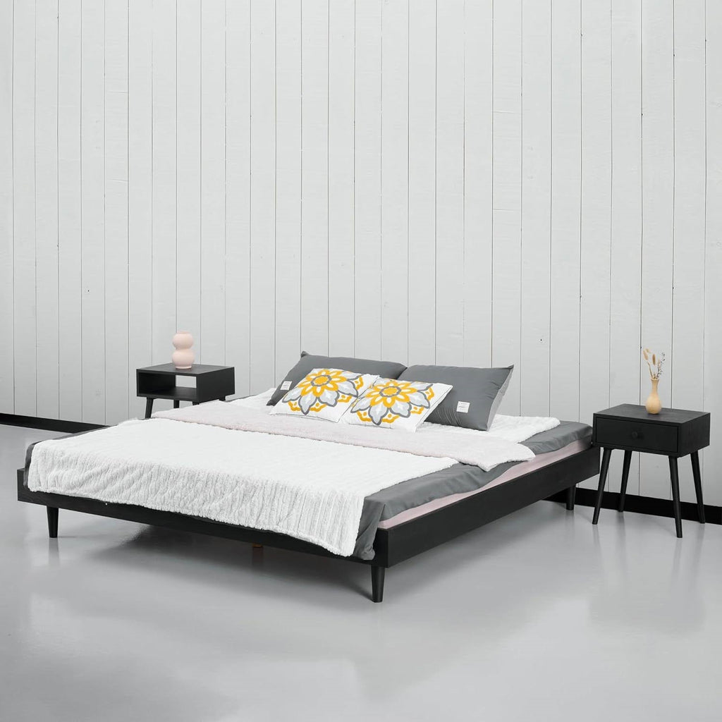 King size Mid-Century Modern Platform Bed Frame in Black Wood Finish