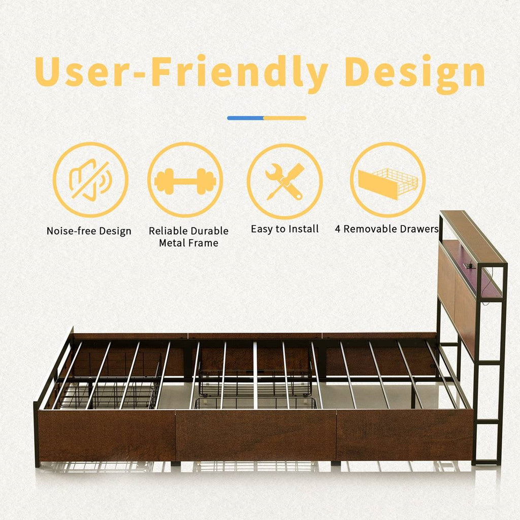 King size Platform Bed with Headboard and Storage Drawers in Brown Wood Finish