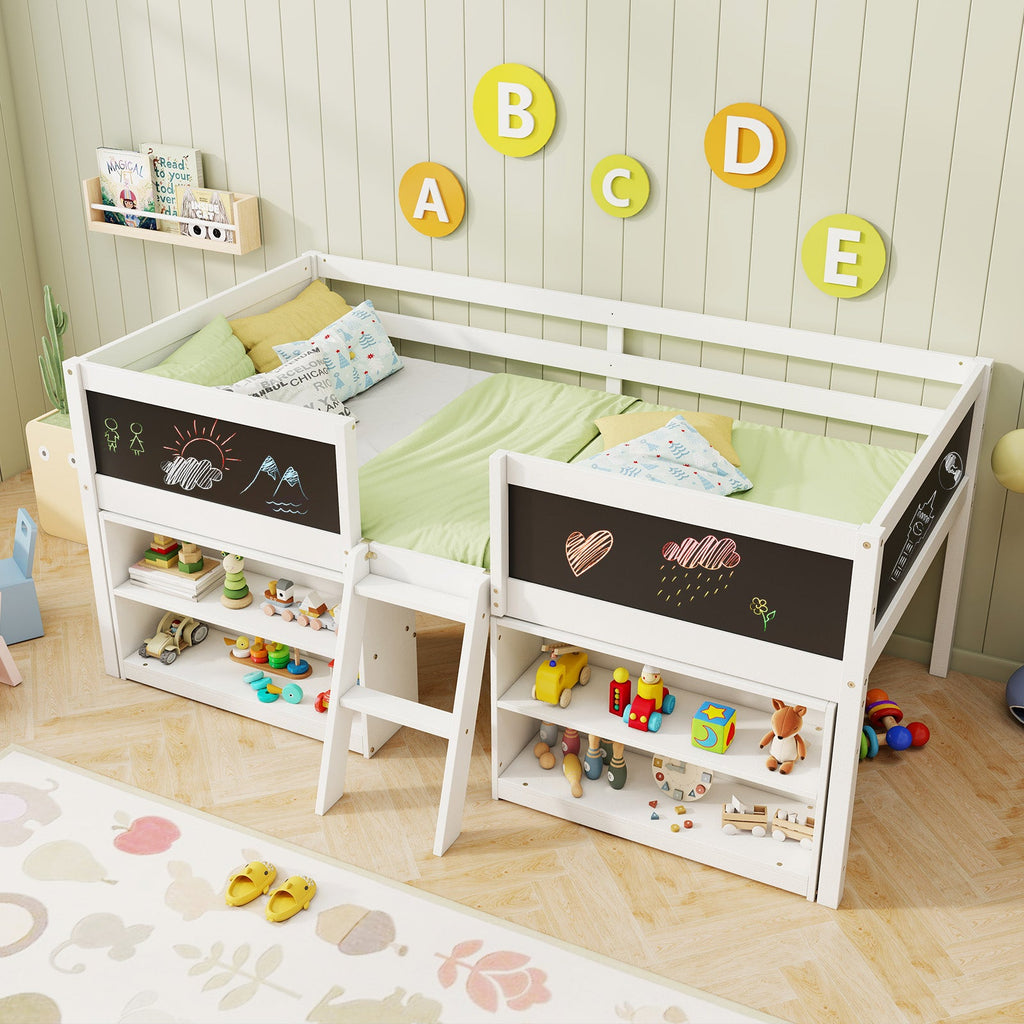 Kid Twin Size Low Loft Bed with Chalkboard Ramp Ladder and Bookcases-White