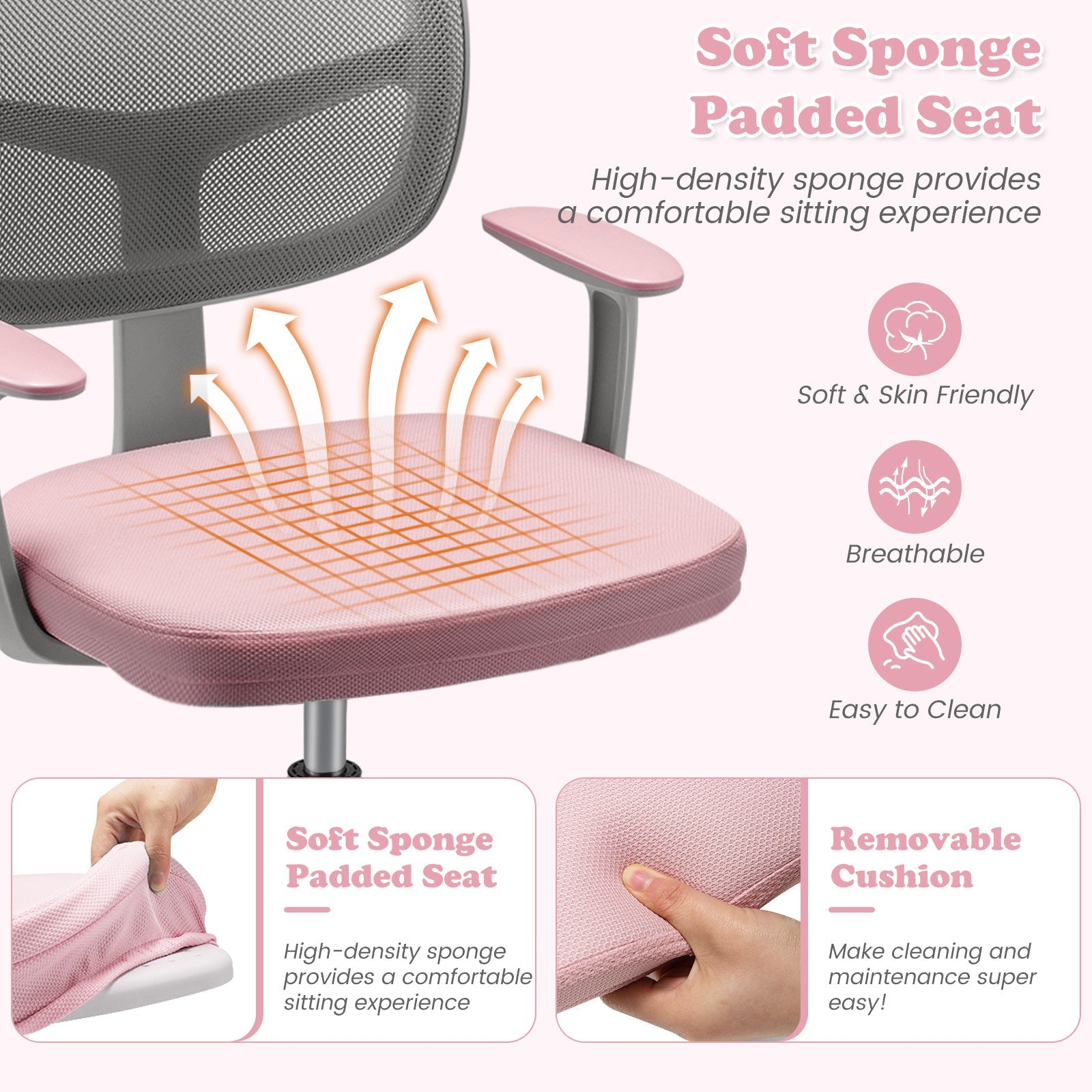 Adjustable Desk Chair with Auto Brake Casters for Kids-Pink