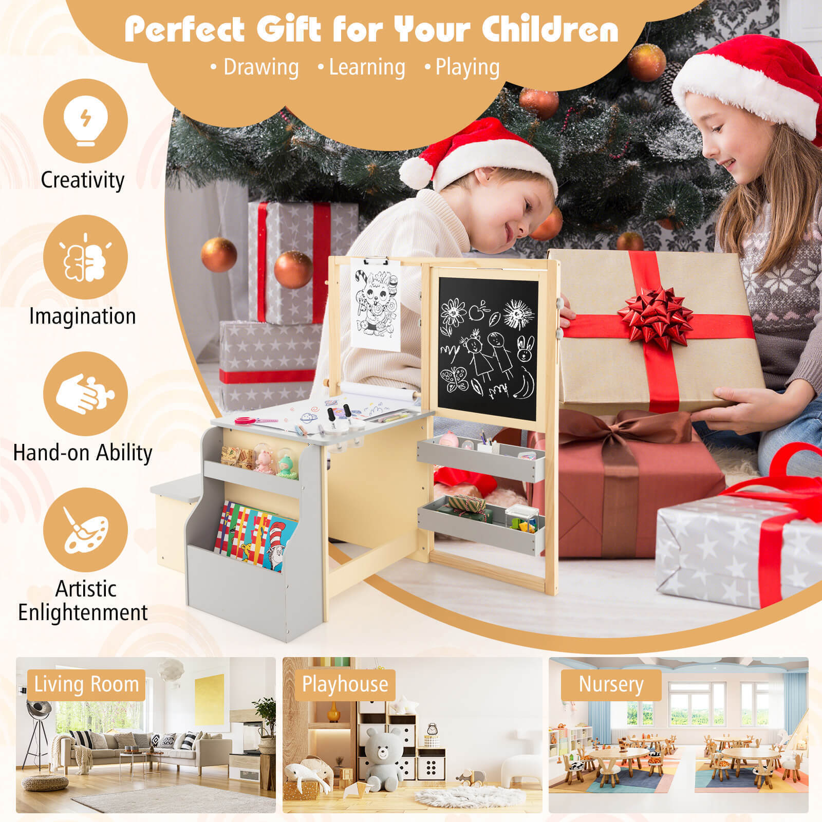 Kids Art Center Wooden Table Bench Set-Gray