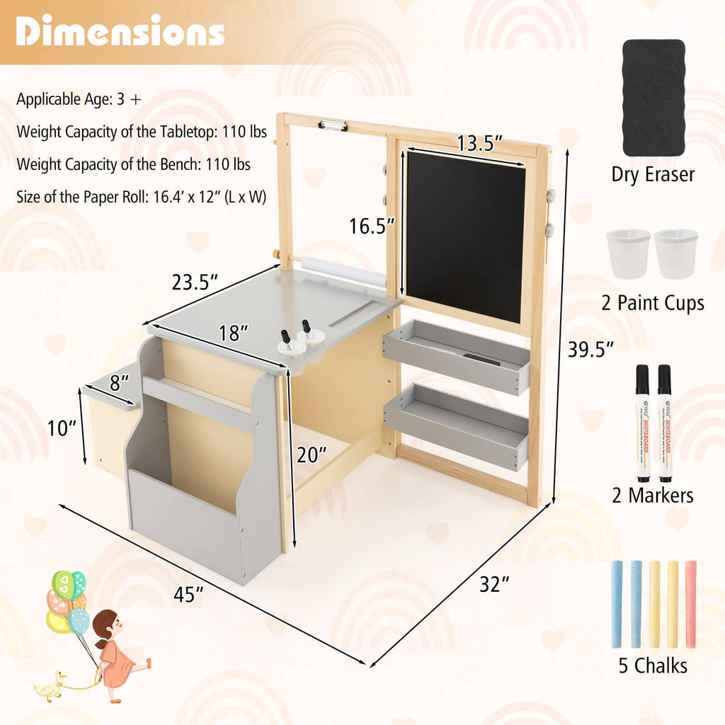 Kids Art Center Wooden Table Bench Set-Gray