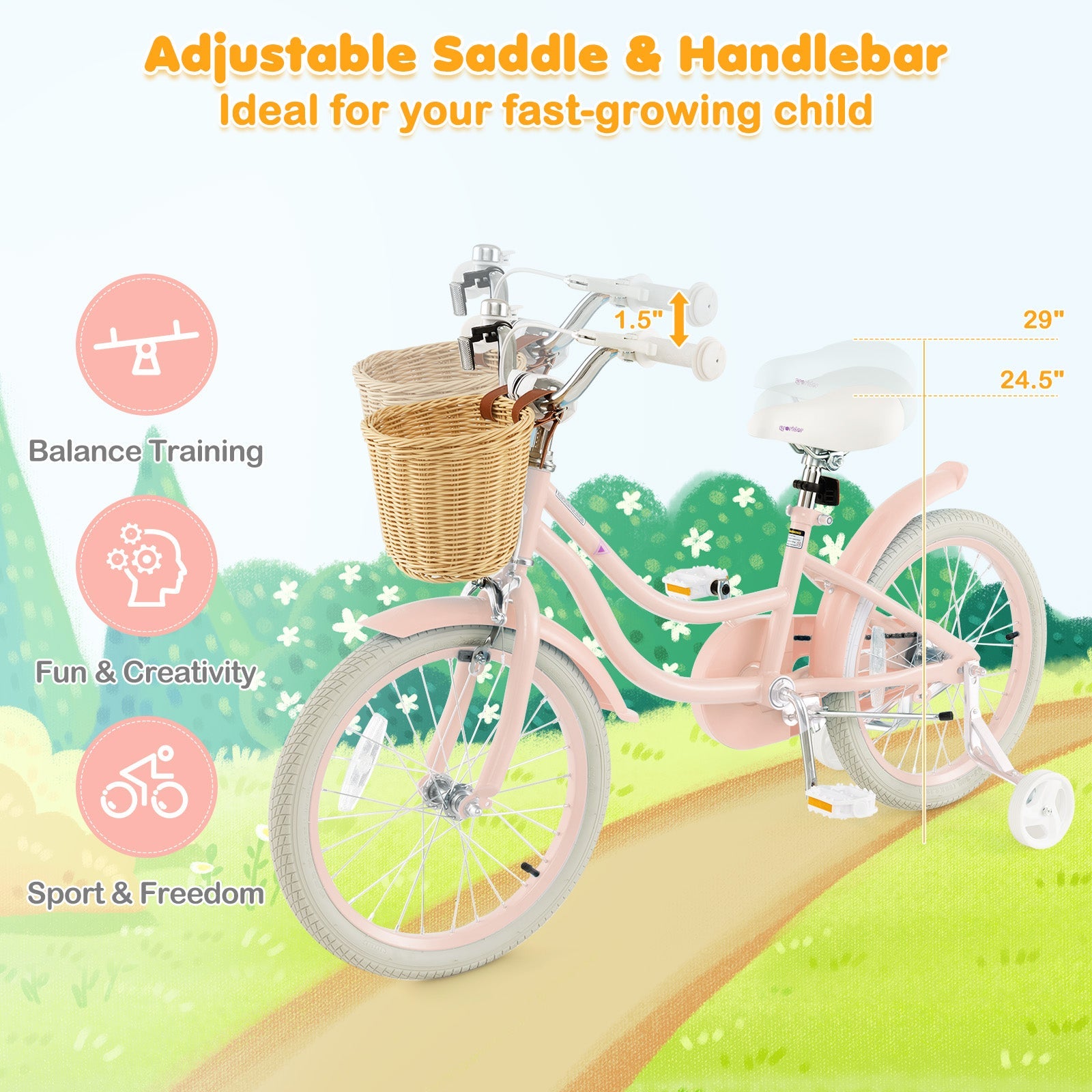 18-Inch Kids Bike with Training Wheels and Adjustable Handlebar Seat-Pink