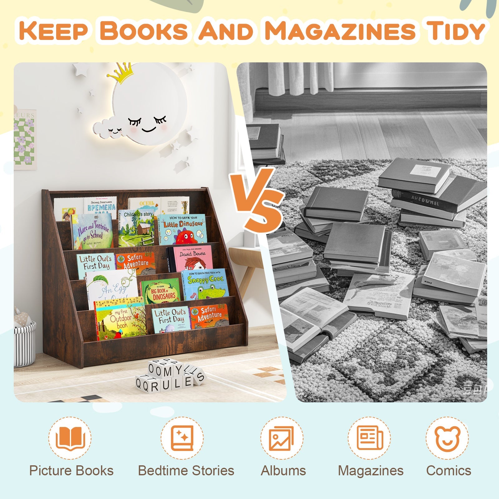 5-Tier Kids Bookshelf with Deep Compartments and Stable Baby Book Case-Rustic Brown