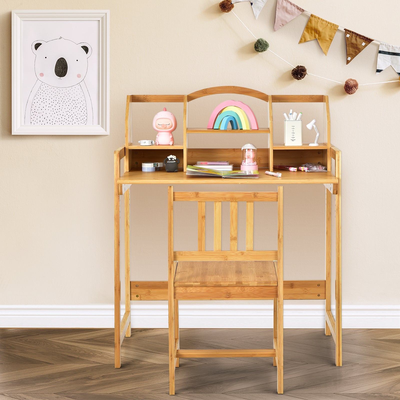 Bamboo Kids Study Desk and Chair Set with Bookshelf